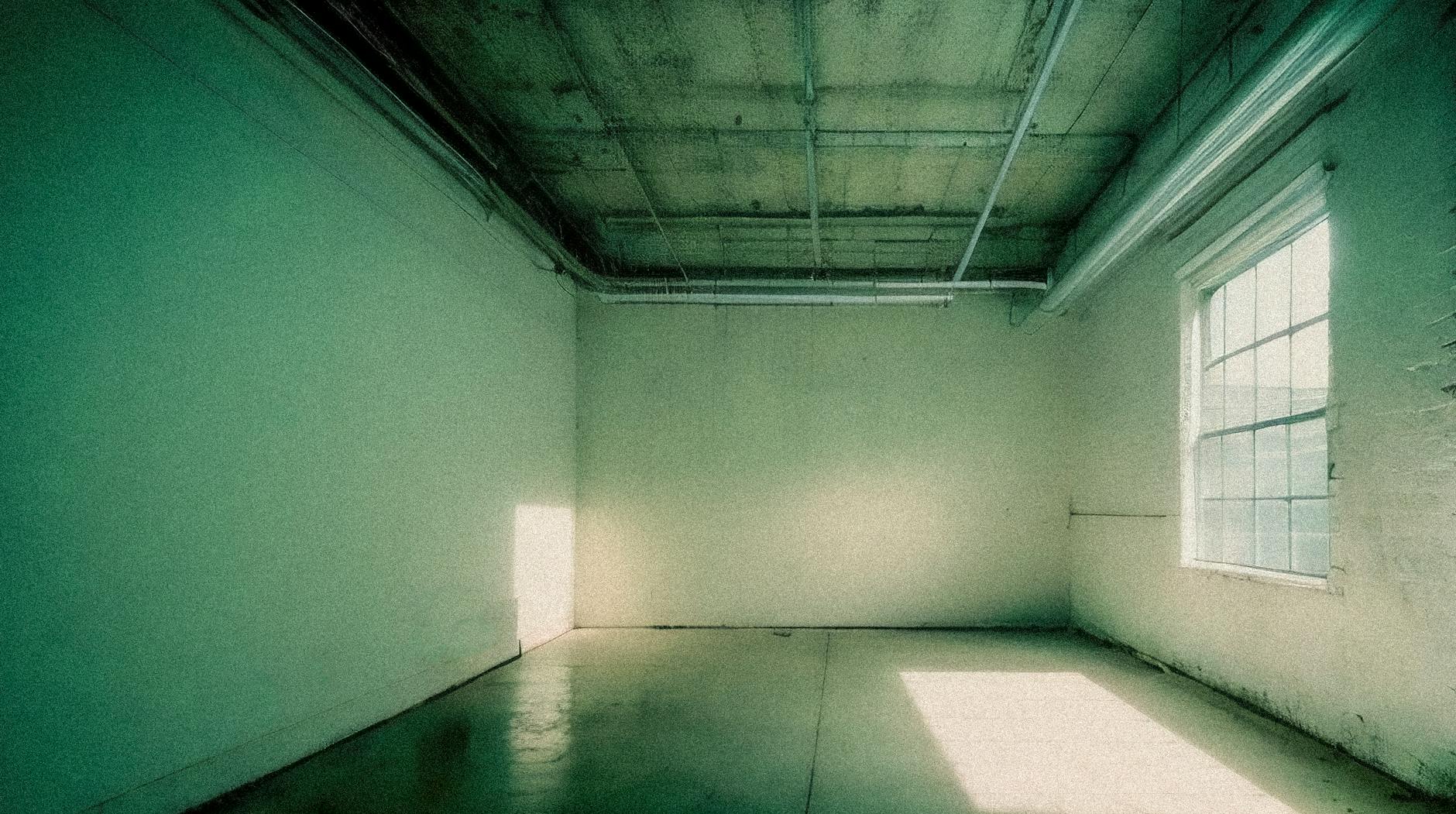 Puste industrialne loftowe wnętrze z betonowymi ścianami i dużym oknem